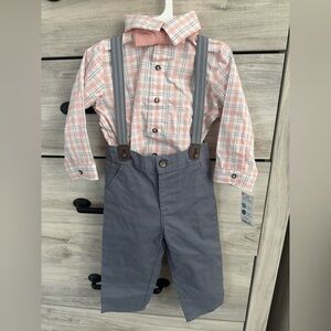 Plaid Shirt with Suspenders and Pants Set